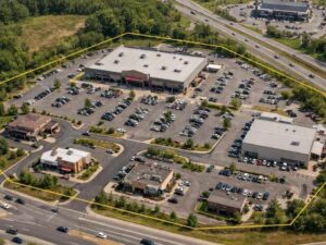 Aerial view of a commercial property showing boundaries and features as documented in an ALTA survey