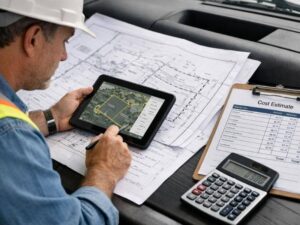 Land surveyor working with property blueprints and cost estimate documents showing average cost for a land survey and planning measurements