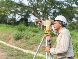 Professional land surveyor measuring property boundaries with surveying equipment, illustrating factors that affect land survey cost