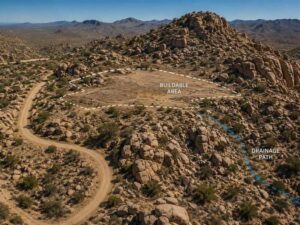 Aerial view of a rocky desert parcel with a flat building area, exposed outcrops, sloping terrain, and a dirt access road.