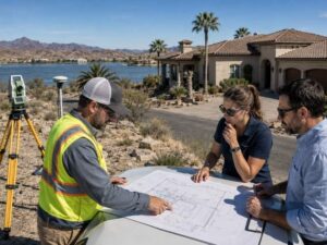 Loan closing survey in Lake Havasu AZ showing a surveyor and property team reviewing site plans and survey findings before closing.