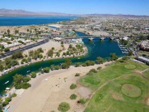 Aerial view of developed properties, roads, terrain, and waterfront features documented with LiDAR mapping in Lake Havasu Arizona